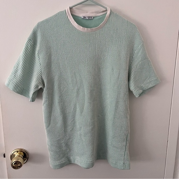 Zara Men’s Short Sleeve Tee Mint Green White Vertical Stripes Men’s M - Picture 1 of 6